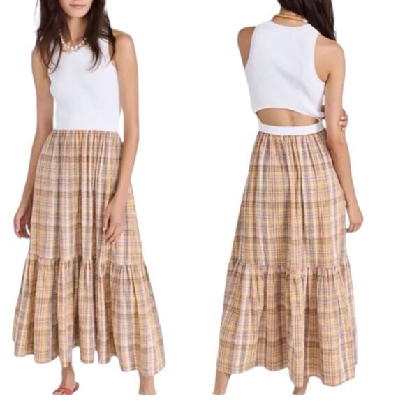 Tanya Taylor Cottagecore Dress XL Yellow Plaid Maxi Fall Open Back Boho - Picture 8 of 8